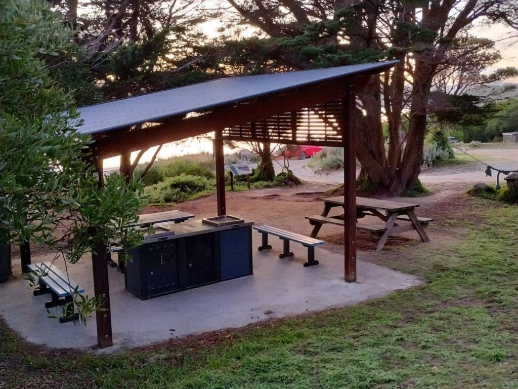 Killiecrankie Picnic Area Facilities, with Oakridge Holiday House, Flinders Island, Tasmania.